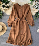Long Sleeve Ruffle Hem Button Down Dress HZ1022