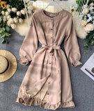 Long Sleeve Ruffle Hem Button Down Dress HZ1022