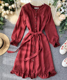 Long Sleeve Ruffle Hem Button Down Dress HZ1022