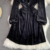 Black Velvet A-line Long Sleeve Dress, Black Fashion Dress HZ1022