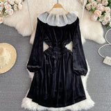 Black Velvet A-line Long Sleeve Dress, Black Fashion Dress HZ1022