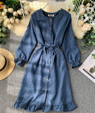 Long Sleeve Ruffle Hem Button Down Dress HZ1022