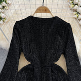 Black A-line Long Sleeve Dress, Black Fashion Dress HZ1022